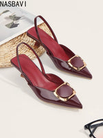 Large Size 35-43 Pointy Toe Burgundy Kitten Heels Slingback Women Summer Pumps Elegant Square Buckle Sandal OL Office Lady Shoes