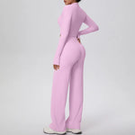 2 Pcs Women's Seamless Yoga Set Long-sleeved Wide-leg Pants Tracksuit Fitness Sports Set High-waisted Hip-lifting Slim-fit Suit