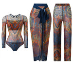 S - XXL 3PCS New Printed Long Sleeve With Pants Sarong Women Swimwear One Piece Swimsuit Female Bather Bathing Suit Swim K7180
