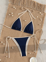 2026 Trendy String Bikini Set Triangle Top Side Tie Bottoms with Metallic PendantSolid Color Contrast Trim Women Swimwear