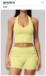 2PCS Yoga Set Women V-neck Cross Neck Shock-absorbing Sports Vest Workout Pleate Flip High Waist Shorts Gym Runing Fitness Suits
