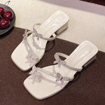 2025 Fashion Silver Crystal Sandals Women Rhinestone Butterfly Thick Heel Sandles Woman Summer Med Heeled Party Shoes Female