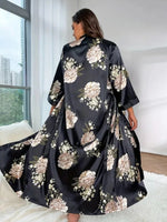 Large size sleepwear women's long imitation silk sexy nightgown set, fashionable and casual loose printed sleepwear 2-piece set