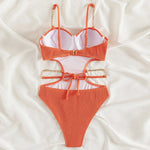 Sexy Push Up Underwire One Piece Swimsuit Women Solid Pink Metal Chain Hollow Out Ribbed Bathing Suit Backless Swimwear Monokini