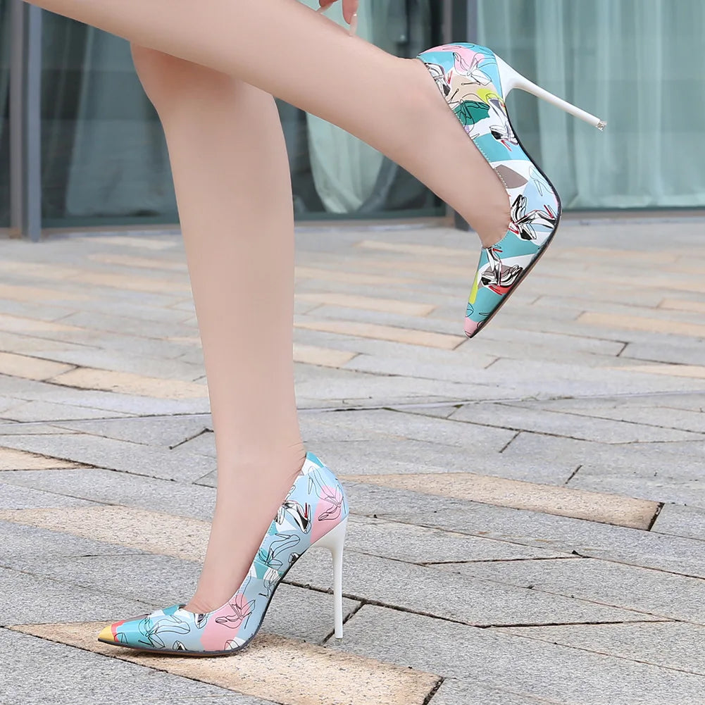 Women Heels Graffiti Colorful Bridal Shoes Women Pumps Sexy High Heels Pointed Toe Party Wedding Shoes Stiletto Plus Size 35-46