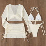 Beige Mesh Halter String Triangle Micro Thong Bikinis Sets 4 Pieces Long Sleeve Cover Ups Sexy Swimsuit Women Holiday Swimwear