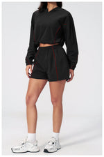 Summer Sun Protection Yoga Suit Women Contrasting Colors Long Sleeve Hoodies Top High Waist Shorts Running Fitness Athletic Wear