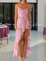 Women Summer Casual Tube Dress Fashion Solid Color/Floral Print High Low Ruffles Long Dresses with Scarf