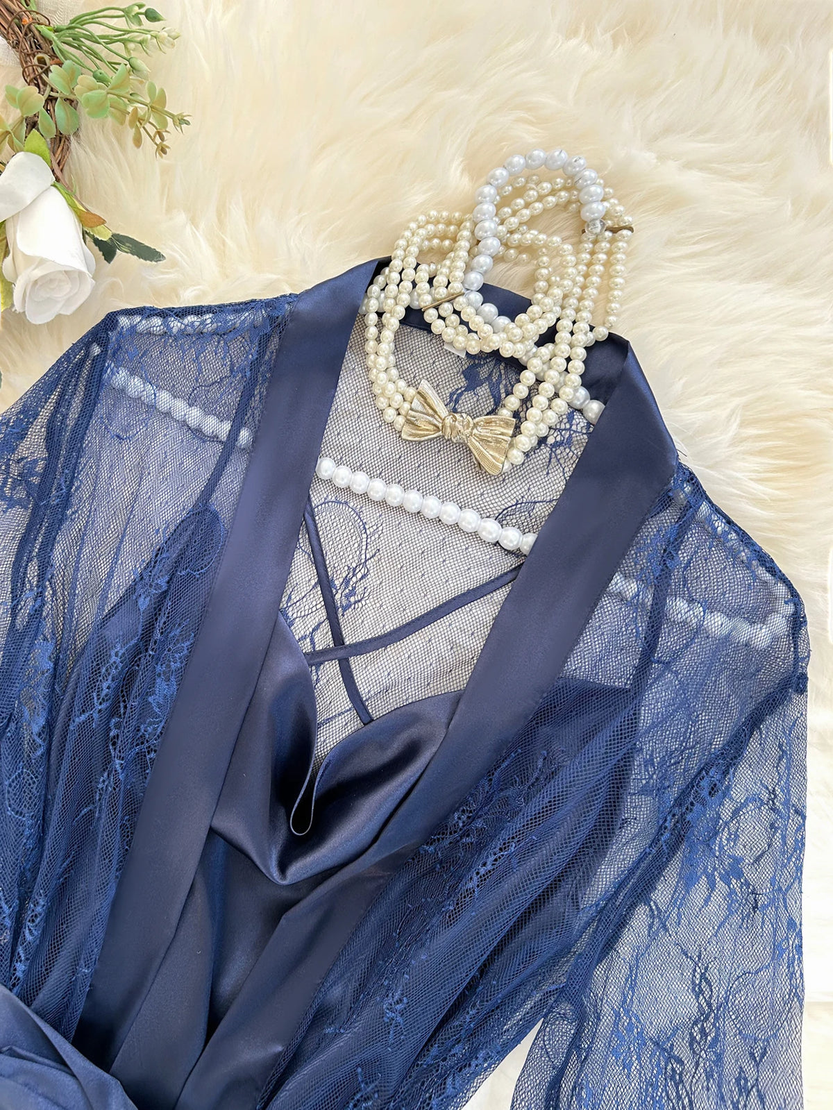 Women Lace Sleepwear Set Sheer Lace Robe with Cowl Neck Slip Nightdress Thin and Breathable Ladies 2Pcs Pajamas
