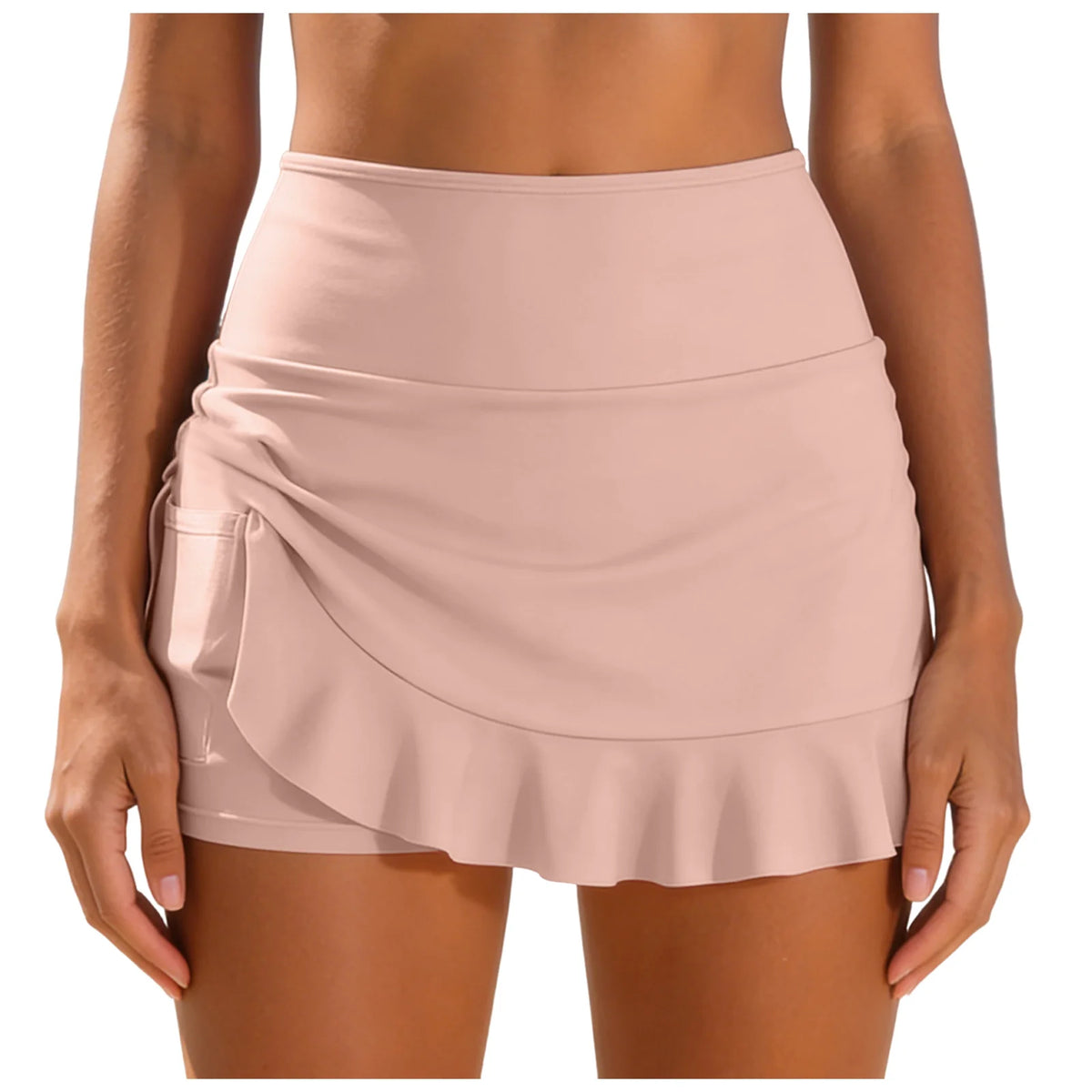 Women High Waist Swim Skirt Shorts With Ruffle Hem Side Pocket Solid Color Bikini Bottom Ladies Beachwear Summer Swimming Bottom