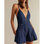 Combhasaki Women Summer Y2K Retro V-Neck Denim Shorts Jumpsuits Cross Tied Zip-up Backless Loose Wide Leg Playsuit Cute Rompers