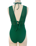 S - XL Deep V Neck Knit Fishnet Mesh One Piece Swimsuit Women Swimwear Female Backless Monokini High Leg Cut Bathing Suit Swim