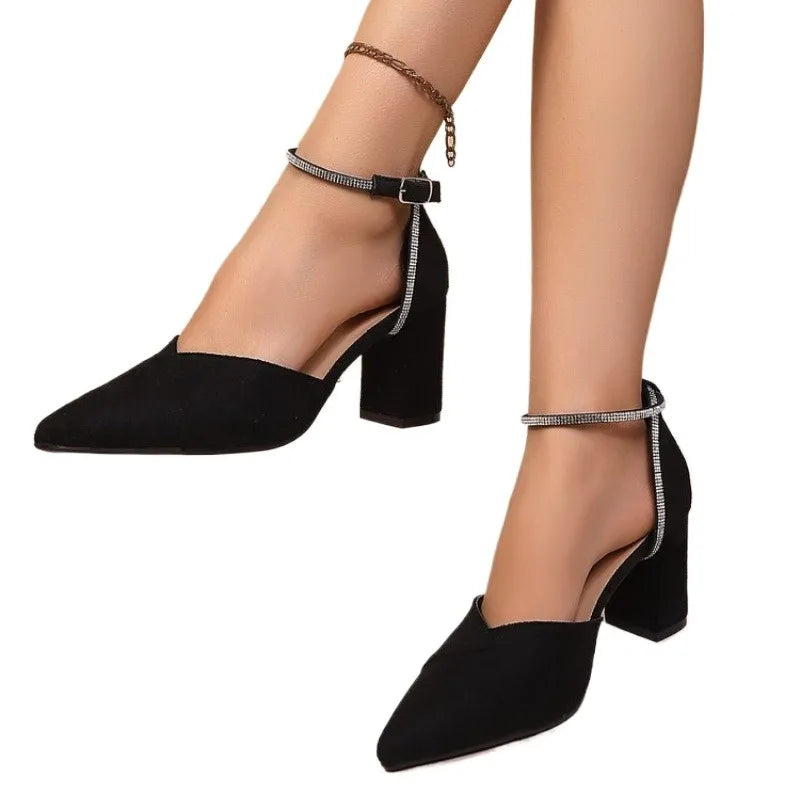 2026 French Pointed Toe Blue Strap Thick Heel High Heel Sandals Women's Summer New Simple Fashion Hollow out