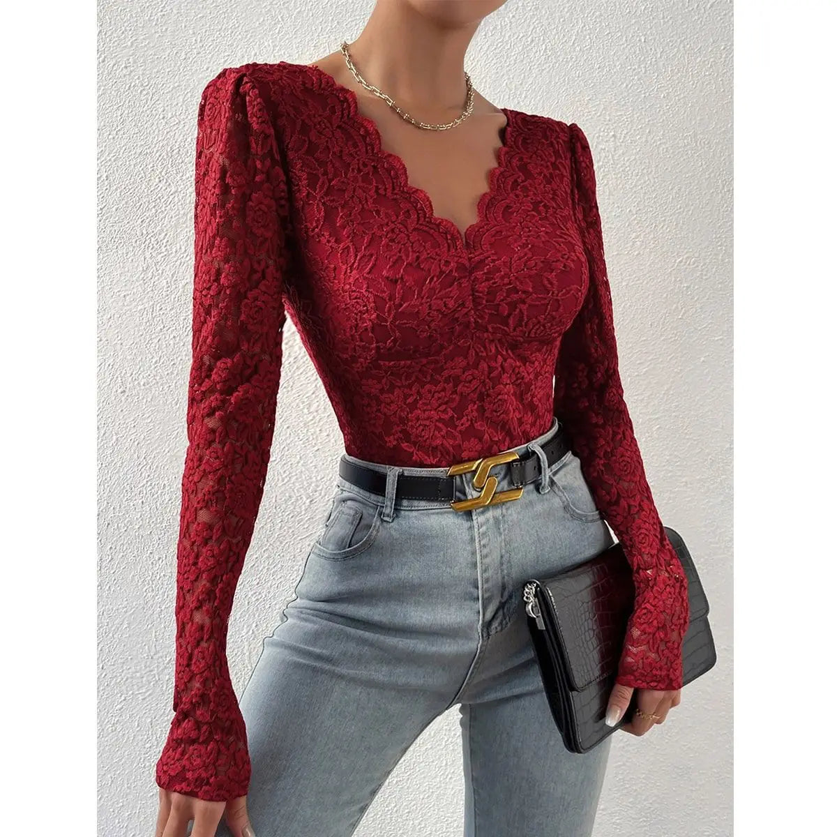 Sexy White Lace Bodysuit Women Solid Color Long Sleeve Sheer Corset Top Autumn Ruffles V Neck See Thourgh Slim Fit Jumpsuit