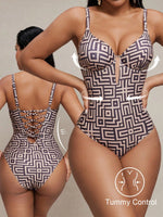 Sexy Coffee Geometry Print One Piece Swimsuit 2026 Women Underwire Push Up Bandage Back Cross Slim Fit Bathing Suit Swimwear