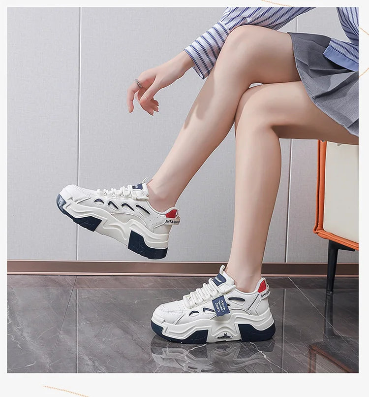 Women Platform Sneakers Autumn Trend Casual Flats Female Fashion Lace Up Thick Soled Comfortable Increase Vulcanized Shoes2024