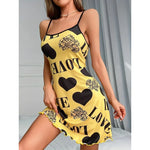 Women Summer Camisole Nightgown Backless Heart LOVE Print Soft Breathable Sleepwear Ruffle Hem Round Neck Night Dress