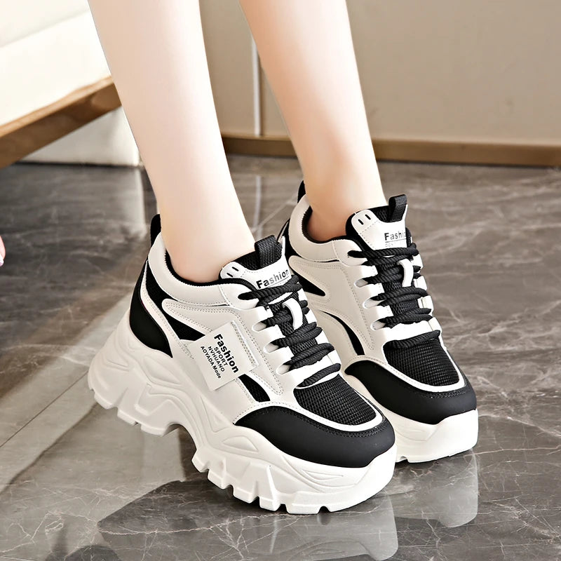 Fashion Lace Up Chunky Sneakers for Women Comfort Breathable Platform Sports Shoes Woman Pu Leather Thick Bottom Running Shoes