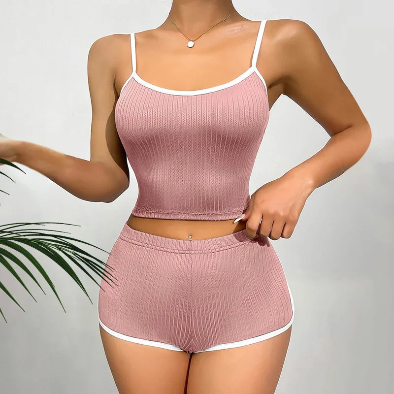 2026 New Women's Sleepwear and Home Wear Set Slim Fitting Camisole Shorts Casual and Comfortable Vest Sports Shorts 2-Piece Set