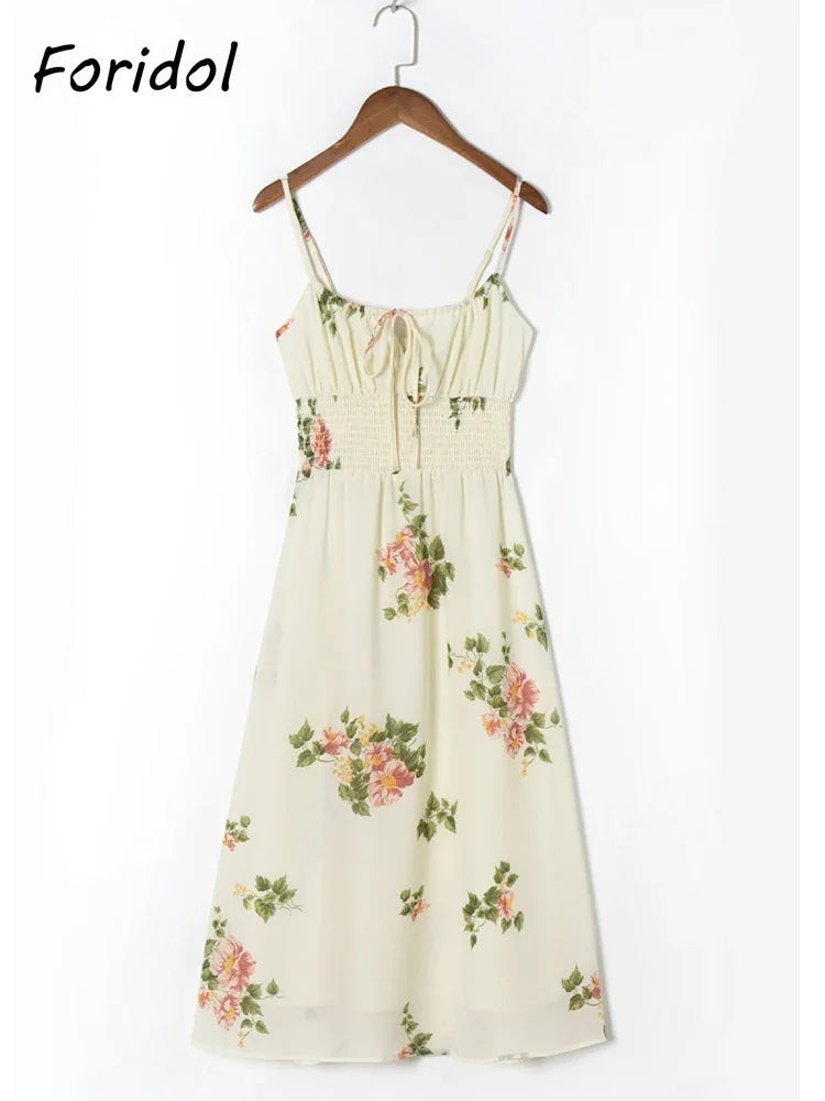 Spaghetti Strap Lace Up Beige Chiffon Summer Dress Sexy Slip Midi Sleeveless Dress Robe Big Flower Print Women Beach Dress Boho