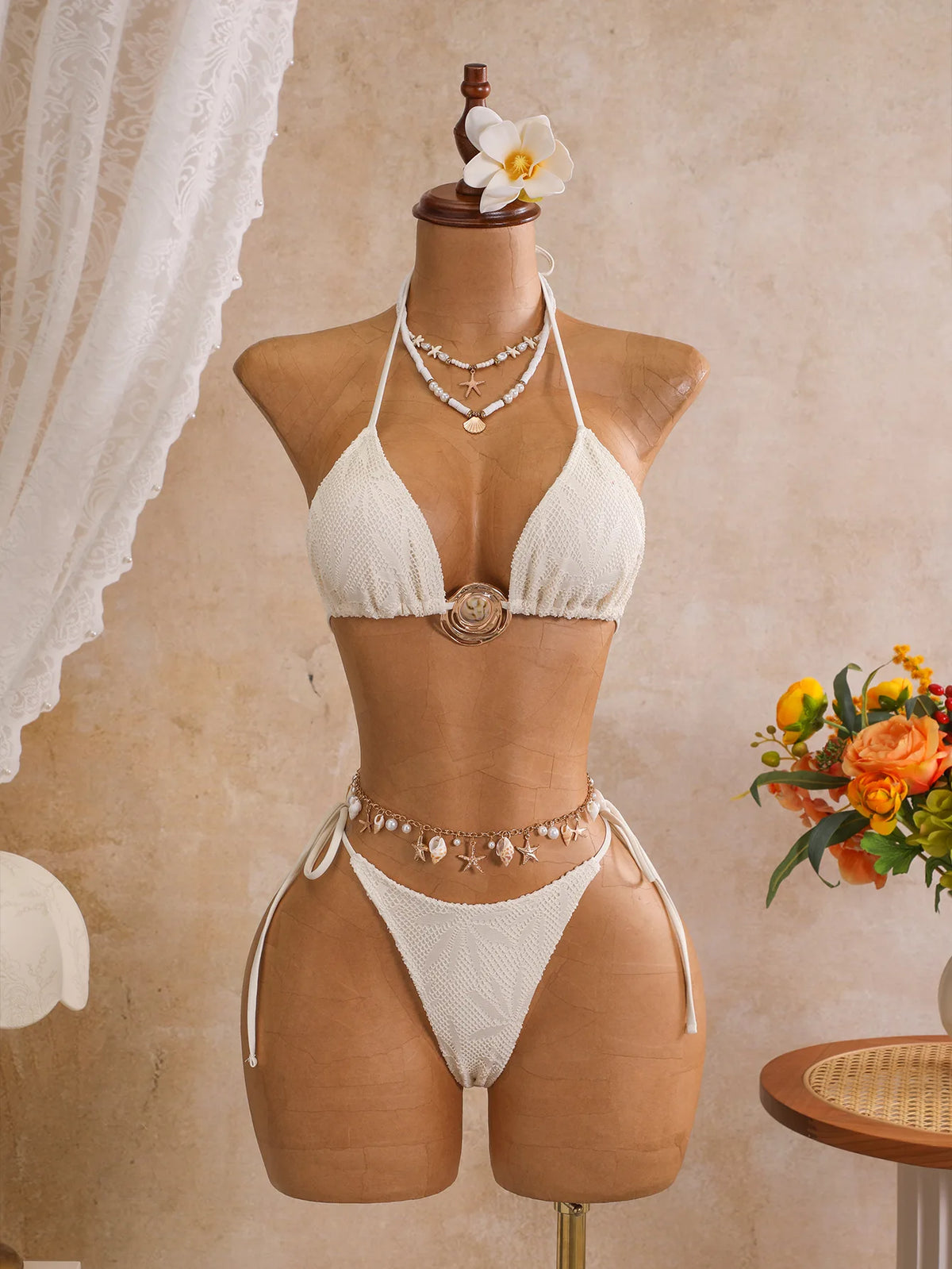 Sexy Mesh Cover Up 3 Piece Bikini Set 2026 Women White Metal Circle Push Up Bra Thong Swimwear Holiday Bathing Suit Swimsuit