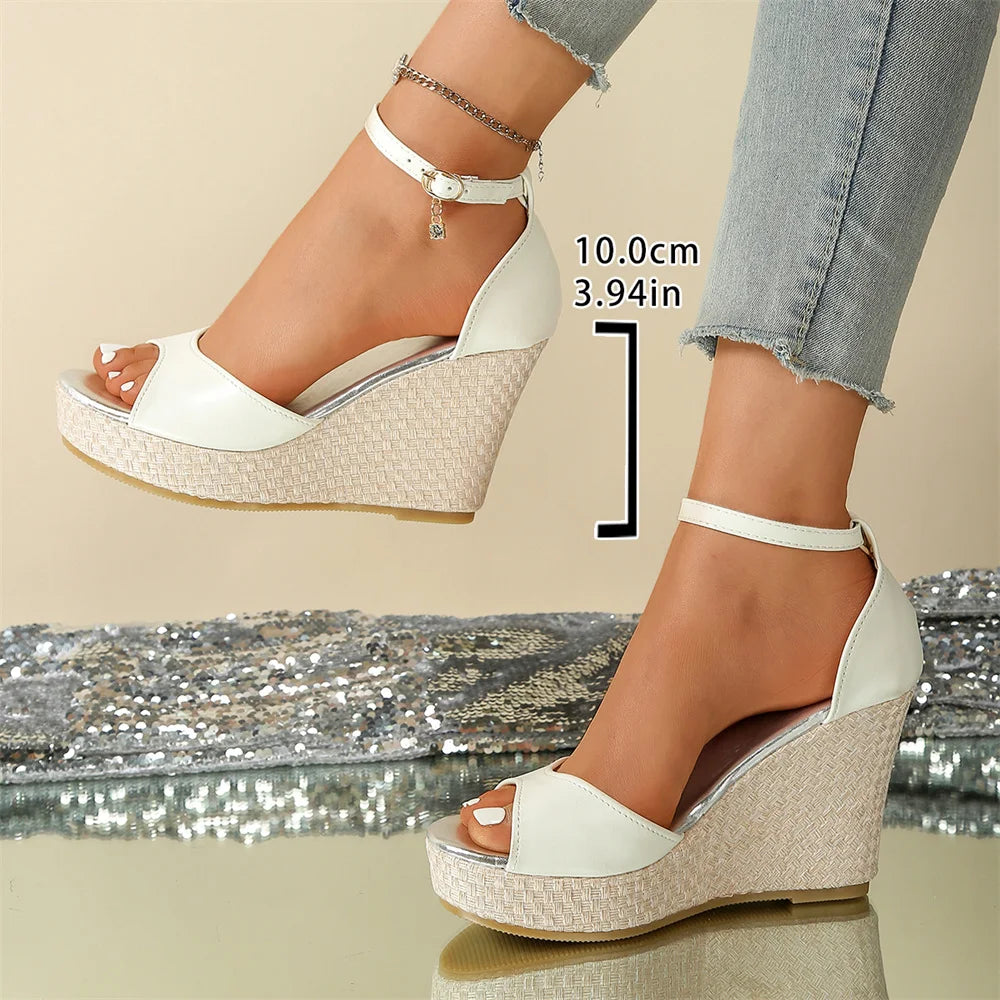EUR Size 43 Leisure Espadrille Wedge Sandals Women Summer Chunky High Heels Shoes Silver White Platform Ankle Strap Sandals