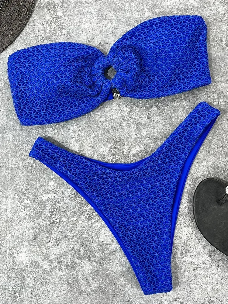 Sexy Fishnet Strapless Bandeau Bikini Women Swimsuit Female Swimwear Two-pieces Bikini set High Cut Bather Bathing Suit Swim