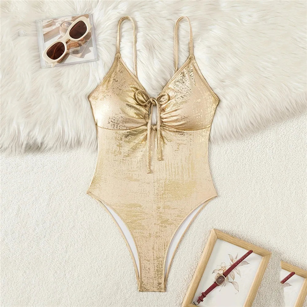 Sexy Gold Shiny Hollow Out Swimsuit Woman One Piece String Lace-up Swimwear 2026 Monokini High Cut Swimming Bathing Suit Wear