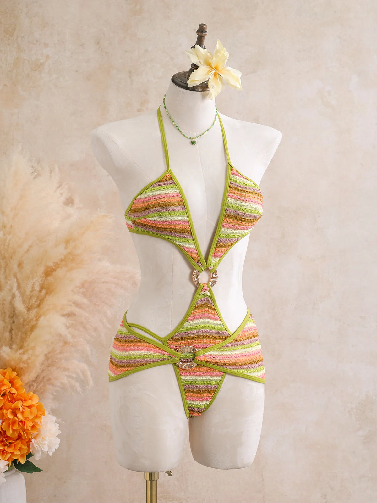 Sexy Black Stripe Knitted One Piece Swimwear Skirts Sets 2026 Women Metal Circle Hollow Out Backless Bathing Suit Thong Swimsuit