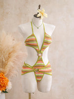 Sexy Black Stripe Knitted One Piece Swimwear Skirts Sets 2026 Women Metal Circle Hollow Out Backless Bathing Suit Thong Swimsuit