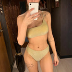 Shiny Glitter Sparkling High Waist Bikini Female Swimsuit Women Swimwear Two-pieces Bikini Set One Shoulder Bathing Suit V1264