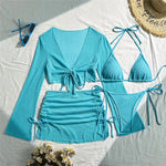 Beige Mesh Halter String Triangle Micro Thong Bikinis Sets 4 Pieces Long Sleeve Cover Ups Sexy Swimsuit Women Holiday Swimwear