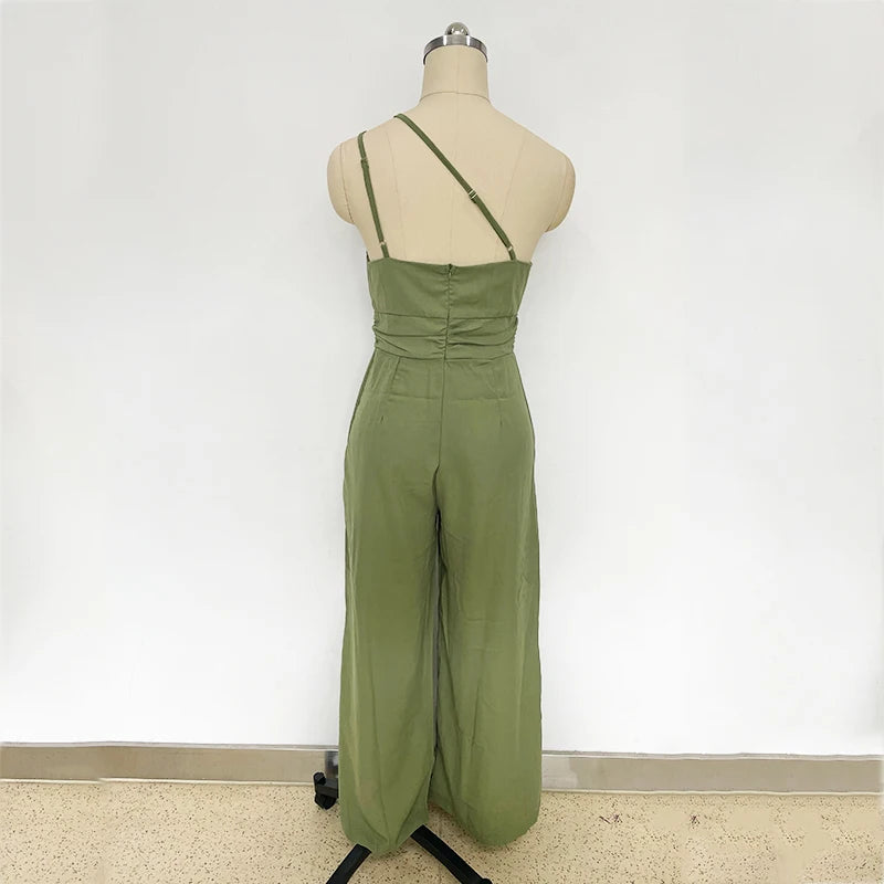 Foridol Waist Folds Backless Double Strap Casual Wide Leg Jumpsuit Long Pants Green 2025 New Female LooseJumpsuit