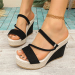 Women's Black Suede Dual Straps Straw Wedge Slide Mules Platform Sandals Summer Beach Travel Daily Casual Shoes EUR Size 43