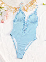 Deep V Neck Frilled Ruffled Halter Women Swimwear Monokini High Leg Cut Bather Bathing Suit Swim One Piece Swimsuit Female K8055