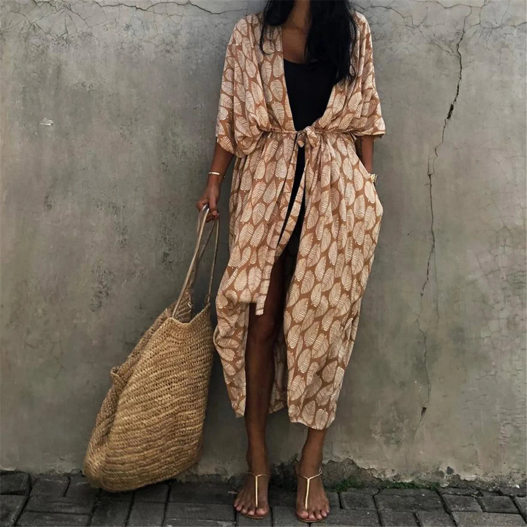 7 Colors Leaves Printed With Belt Half Sleeve Tunic Beach Cover Up Cover-ups Beach Dress Beach Wear Beachwear Female Women V4511