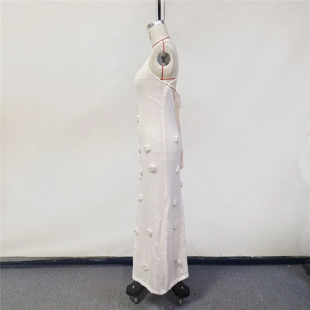 Elegant 3d Flower Knitted Dresses For Women V-neck Backless Sleeveless Lace Up Female Maxi Dress Summer Lady Beach Dress V6211