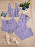 Comfortable 3-Piece Women's Pajamas Set with Lace Splicing