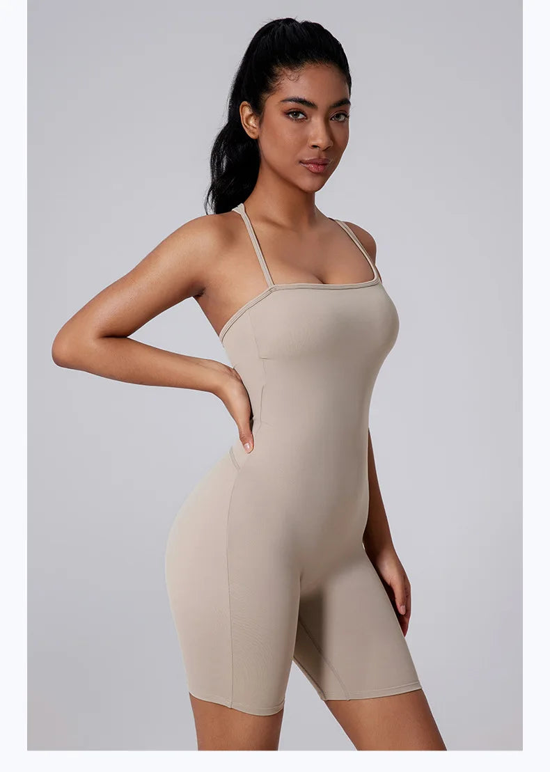 Sexy Fitness Yoga Jumpsuit Women Sleeveless Slim Playsuit Pleated Hollow Running Scrunch Shorts Romper One Piece Sports Suit
