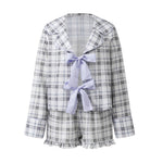 Women’s Cute Lounge Clothes Long Sleeve Bow Front Plaid Print Shirt + Shorts Set Summer Fall 2 Piece Pajamas Set