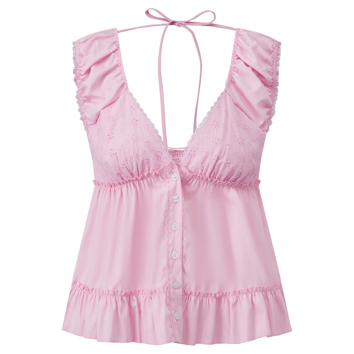 Women's Summer Solid Color Babydoll Tank Tops Button Down Stylish Lace Trim Loose Hem Deep V Neck Sleeveless Shirts