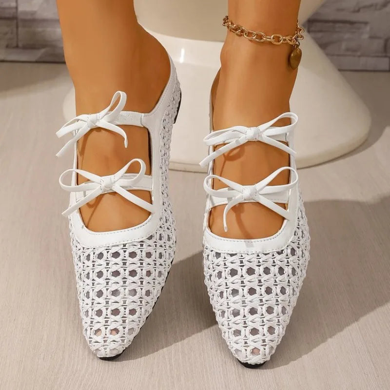 Comfortable Hollow Weave Women Mules Slippers Fashion Bow Decorative Brand Slide Sandals Elegant Non-slip Outdoor Beach Sandals