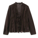 2026 Spring New Women Elegant Loose V Neck Wave Trim Polka Dot Blouse Thin Long Sleeve Top