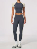 Nake Yoga Set Women's Tracksuit Color Contrast Short Sleeve Slim Sports T Shirts High Waist Leggings Fitness Clothes Gym Outfits
