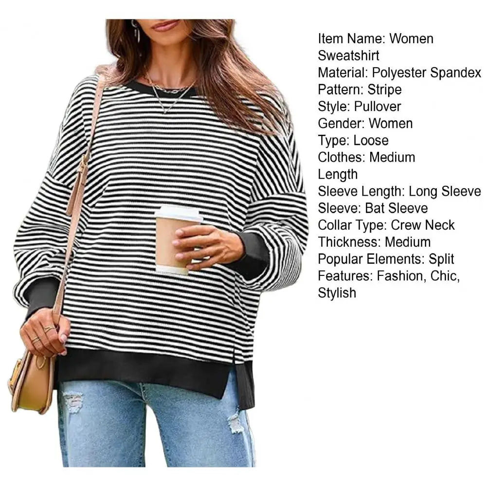 Long Sleeve Crewneck T-Shirt Split Hem Women Striped Oversized Sweatshirt Waffle Knitted Tunic Top Casual Women Sweater