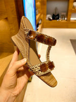 Boho Raffia Comfortable 8cm High Heels Wedge Slide Mules T-Strap Vacation Beach Straw Heels Espadrille Wedge Sandals Women Shoes