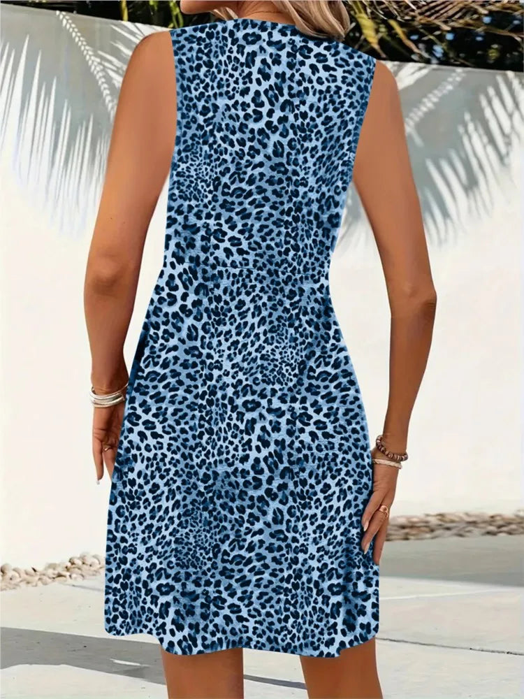 Summer Style Leopard Print Mini Dress Women Fashion Vacation Elegant Vintage V-neck Sleeveless Vestidos Nightclub Party Dresses