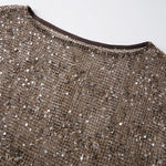 Summer Women's Fishnet T-shirt Casual Loose Fit Stylish Solid Color See Through Sequined Crew Neck Elbow Sleeve Tops