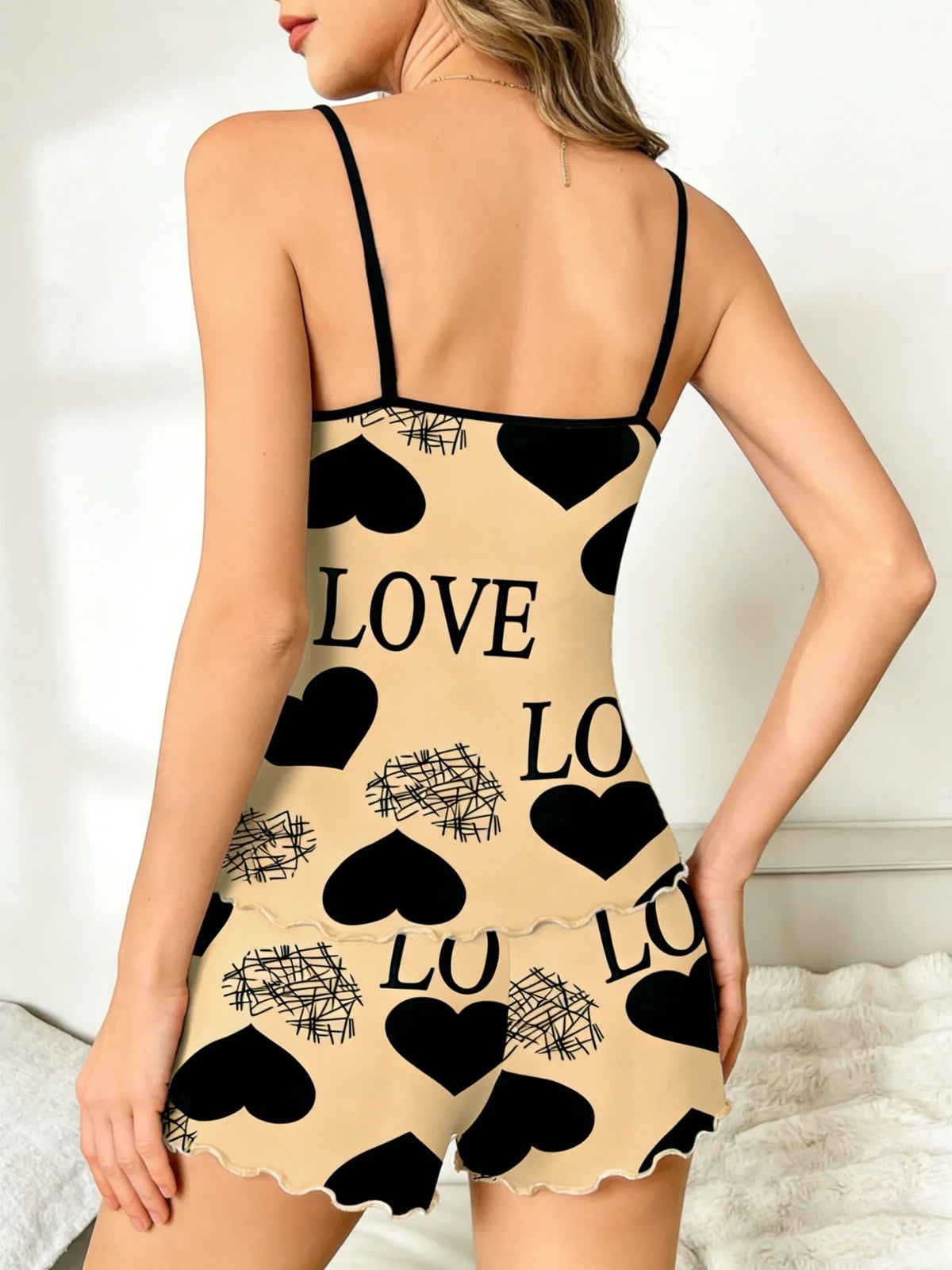 Women's Pink Heart LOVE Print 2 Piece Pajama Set, Spaghetti Strap Cami Top and Ruffle Hem Shorts, Summer Loungewear