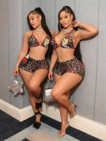 Leopard print sexy two-piece hot girl nightclub style shorts set